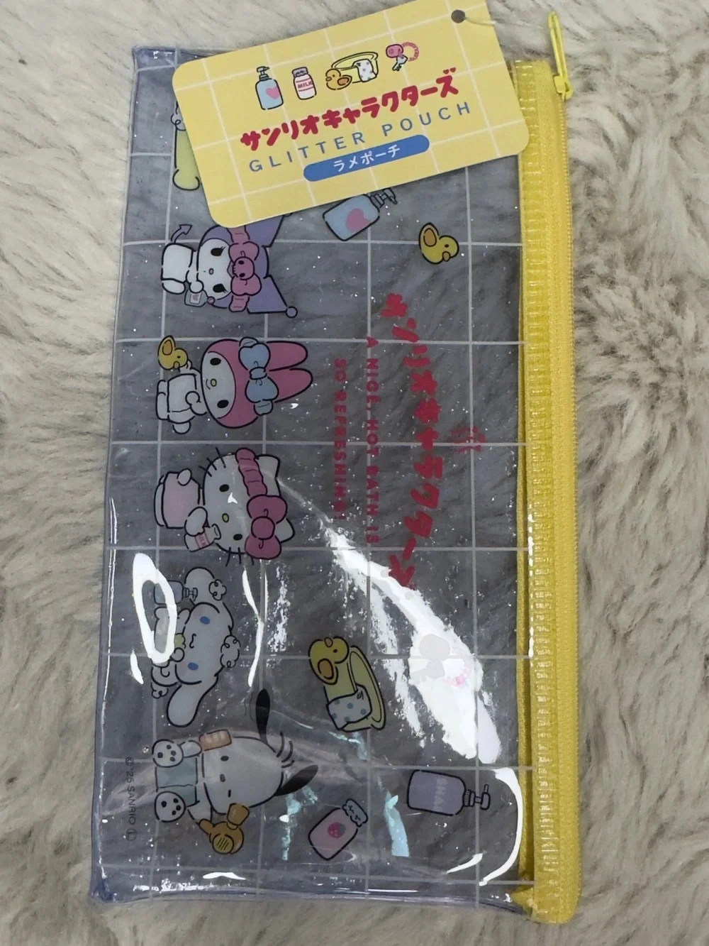 Sanrio Clear Glitter Pouch with Yellow Zip and Pastel Character Prints